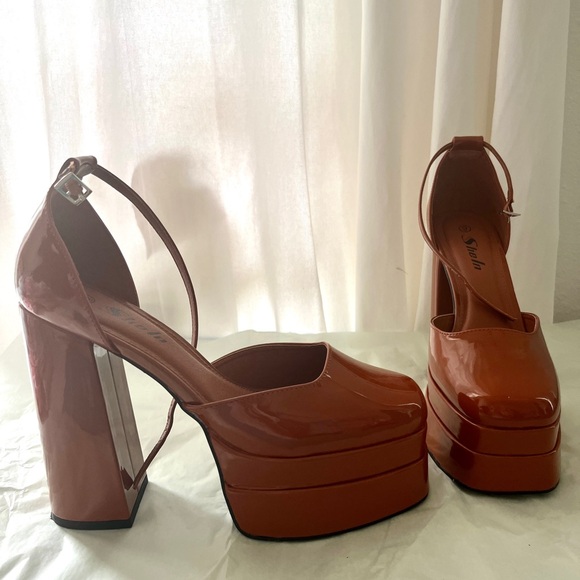 Shein patent leather double platform ankle strap Maryjane’s in brown - Picture 5 of 6